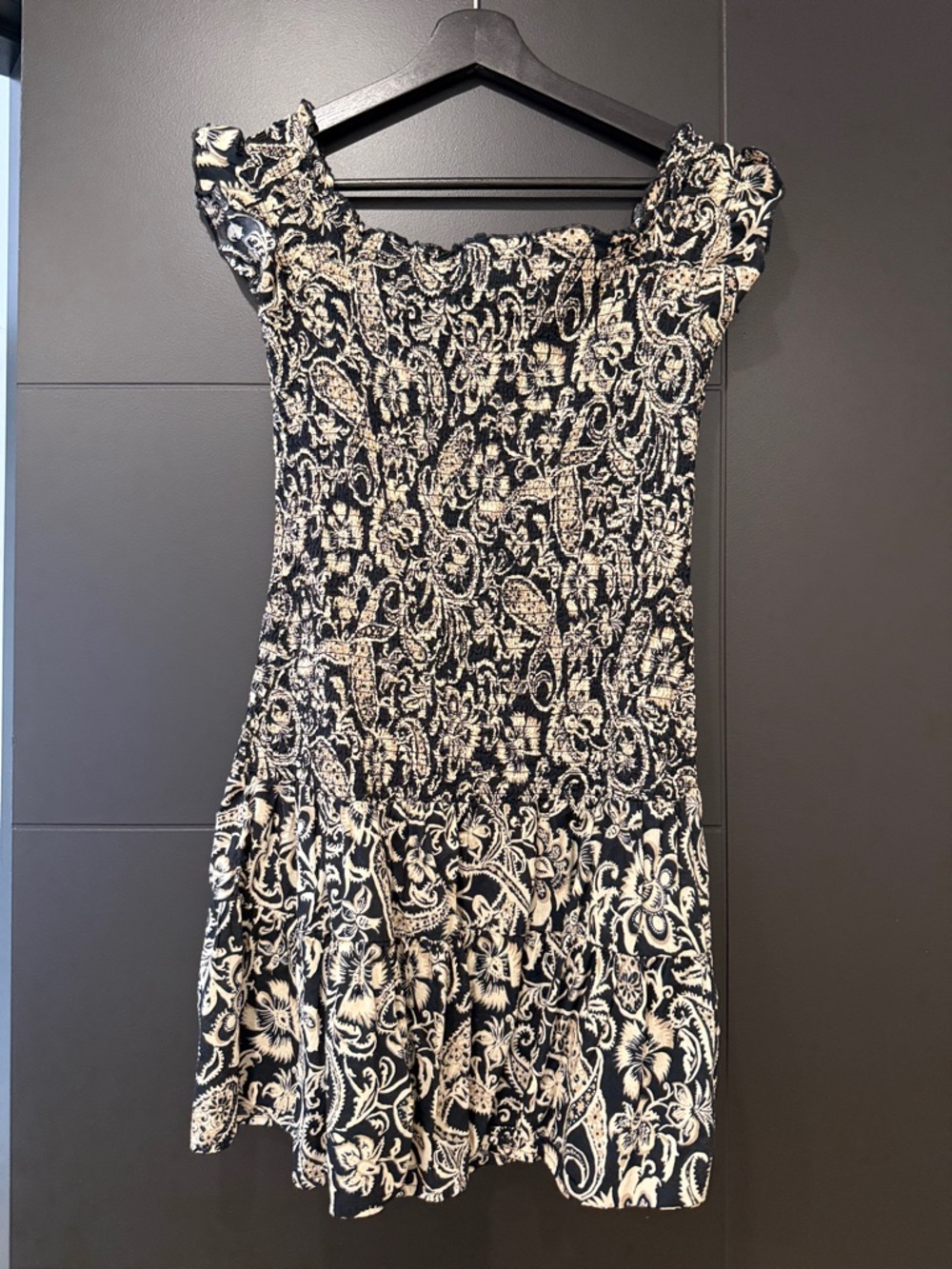 Mango Black and Cream Floral Smocked Mini Dress